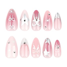 Bow Press on Nails Full Cover Sparkly Fake Nails White French Tip Stick on Nails Medium Almond False Nails with Stars and Rhinestones Designs Acrylic Nails Reusable Manicure for Women 24Pcs