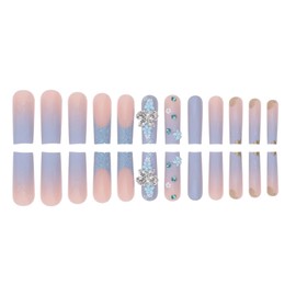 Aegenacess Press On Nails Square - Blue Press On Nails Extra Long, Luxurious Y2K Glue On Nails with 3D Flowers and Butterfly, French Stick On Nails, Handmade 24PCS Fake Nails in 12 Sizes with Gems