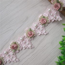 100cm Vintage Pearl Rose Flowers Lace Trim Fabric Rhinestone Embellishment Floral Appliques Lace Ribbon Ornaments Handmade DIY Sewing Craft for Costume Hat Decoration 1.96" Wide (Pink)