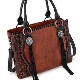 Trinity Ranch Western Tote Bag for Women Floral Tooled Vintage Distressed Top Handle Bags with Tooled Floral Design Fringe Handbag Brown TR192G-8322BR