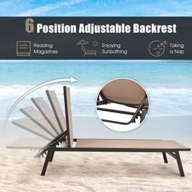 Giantex Chaise Lounge Chair Patio Chaise Lounger with 6-Position Adjustable Backrest and Breathable Fabric, Outdoor Recliner for Patio, Poolside, Backyard and Garden (2, Beige)