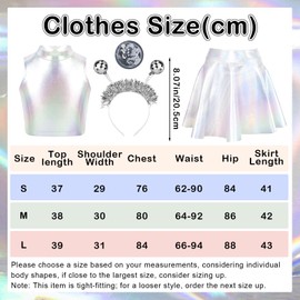 Dress Alien Costume Women's Sexy Metallic Glitter Crop Top Skirts Mini A Line with Alien Headband Silver Holographic Glitter Women's Sleeveless Space Galaxy Outfit Party Dress for Carnival