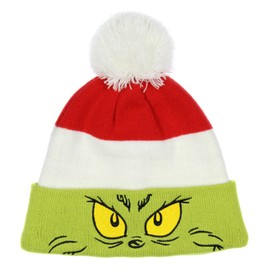 Dr. Seuss Grinch Embroidered Face Color Block Pom Fold Cuff Adult Knit Beanie Multicolored