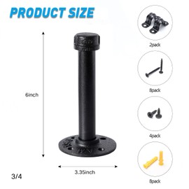 3/4" Industrial Black Iron Pipe Shelf Brackets, Rustic Wall Mounted DIY Shelving Brackets Hanging Custom Pipe Brackets for Floating Shelves (6 Inch, 2)