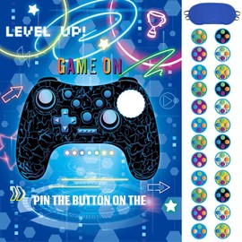 WERNNSAI Pin The Button on The Controller Party Games - Video Game Party Supplies for Kids and Boys 53 x 72 cm Game Poster with 24 Reusable Stickers for Birthday Party Family Activity