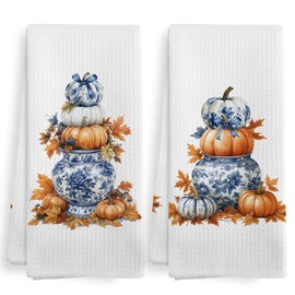XNXLDYLH Fall Autumn Chinoiserie Pumpkin Kitchen Towels and Dishcloths Sets of 2, Fall Blue and White Pumpkin Dish Hand Tea Towels for Bathroom Kitchen, Farmhouse Cottagecore Harvest Decor, 16x24 in