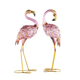 Deco 79 Metal Flamingo Decorative Garden Sculpture Garden Statues with Dimensional Feathers and Gold Accents, Set of 2 Outdoor Sculptures 6" W, 25" H, Pink