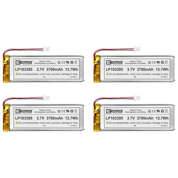 4X EEMB 3.7V Lipo Battery 3700mAh 103395 Rechargeable Lithium Polymer ion Battery Pack with JST Connector (UL Certified for Cell) Make Sure Device Polarity Matches with Battery Before Purchase!!!