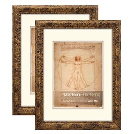 Eitida 12x16 inches Rustic Gold Ornate Picture Poster Frame, With Mat for 9x12 inches photos Vertical or Horizontal Display with Plexi glass Cover, 2 Pack