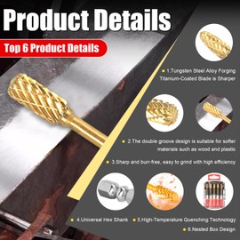 ACFAN 10Pcs 1/4" Carbide Burr Set - Titanium Coated Hex Shank for Metal/Wood/Plastic - Fits All 1/4" Hex Shank Die Grinders & Rotary Tools - High Speed Tungsten Steel, Double Cut, Sharp & Durable