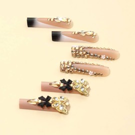 Rilafuvu Press on Nails Long Square Fake Nails French Tip Glue on Nails Rhinestones Acrylic Nails 3D Butterfly and Bow Nails Press ons Artificial Nails for Women and Girls 24Pcs (3D gold Square nails)