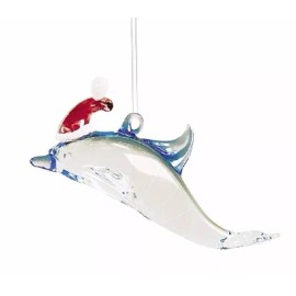 GALLERIE II ART GLASS SANTA DOLPHIN NAUTICAL COASTAL CHRISTMAS ORNAMENT 64861-A