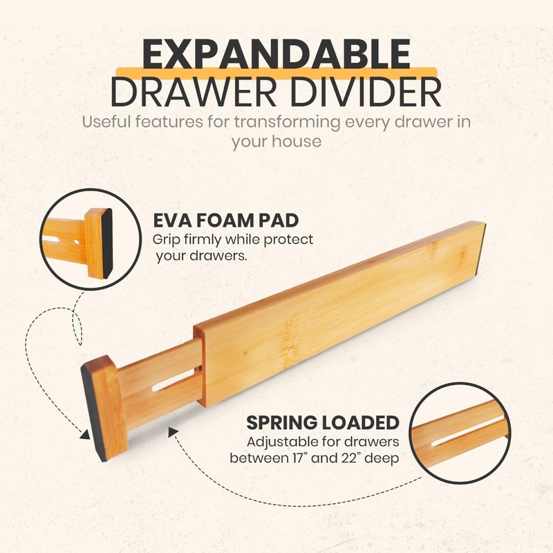 Palok Kisna Adjustable Bamboo Drawer Dividers, Drawer Organizer for Kitchen,