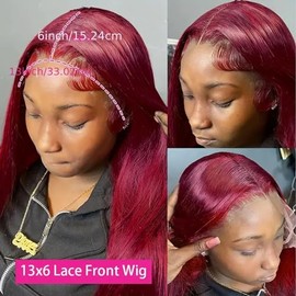 Peluca de cabello humano Fiumer color burdeos, 28 pulgadas, encaje frontal lacio de 13 x 6, encaje transparente HD, color rojo 99J, peluca de cabello 