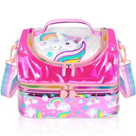 PinkSheep Kids Double Decker Cooler Insulated Lunch Bag Large Tote for Boys, Girls, Men, Women, with Adjustable Strap, Unicorn (Unicorn2)