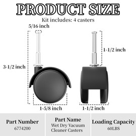 Vac Caster Wheels Compatible With Rid-gid Wet Dry Shop Vac,Fit for 2,8,10,16 Gallon Shop Vac.Casters Can Rotate 360 ​​Degrees (Load-bearing 60LBS,Wheel Stem Diameter 5/16",Stem Length: 1.5") (2 Pack)