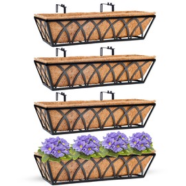 HFHOME 24 inch Window Deck Rail Planter with Coco Liner, 24" Dia Window Box Trough with Coconut Coir Liners, Black Metal Hanging Flower Planter Basket for Indoor Outdoor Lawn - Set of 4