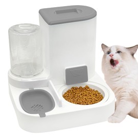 Fhiny Gravity Cat Feeder and Water Dispenser, 2 in 1 Automatic Pet Waterer Detachable Ceramic Food Bowls Set Pet Food Storage for Small Dog Puppy Cat Kitten Pet Easy Clean (Grey)