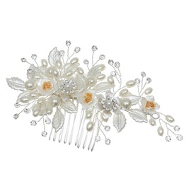 SAMKY Handmade Shell White Pearl Crystal Flower Leaf Hair Comb - Silver T1216_