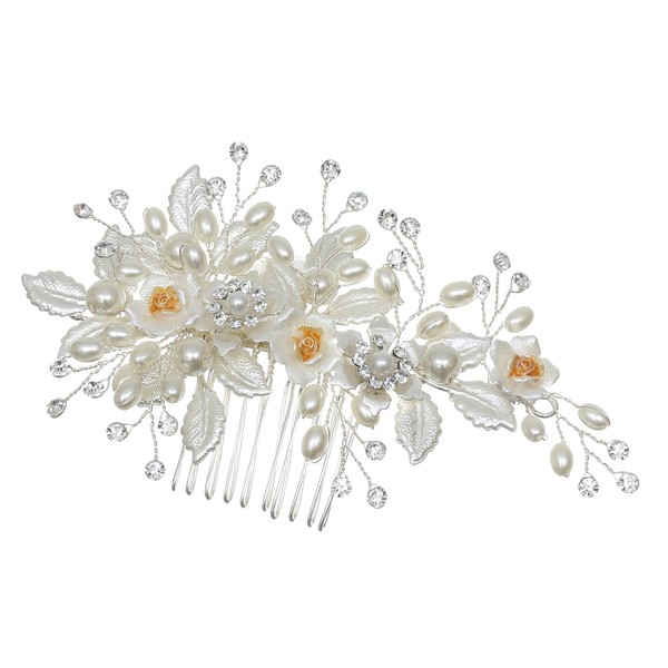 SAMKY Handmade Shell White Pearl Crystal Flower Leaf Hair Comb
