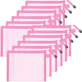 Erinnmy 12 Pieces Zipper Nylon Mesh Bags,Mesh Makeup Bag, Multipurpose Travel Bags,Nylon Zipper Pouch,Cosmetic Bag Pencil Case for Cosmetics School Office Supplies Travel(Pink, A5)