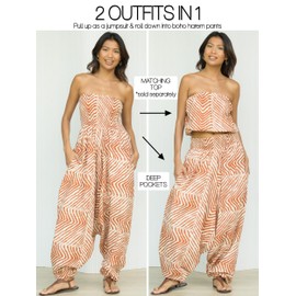 likemary Jumpsuit for Women UK – Printed Cotton Jumpsuit Pulls Down into Elastic Waist Harem Pants – 2-in-1 Outfit Orange Zebra Print