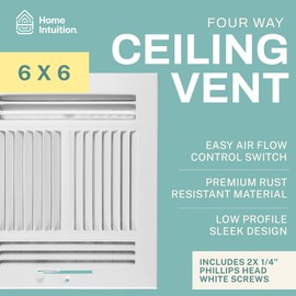 Home Intuition Ceiling Register - Air Vent Covers for Home Ceiling or Wall - 6X6 Inch (Duct Opening) 4-Way White Grille Register Cover with Adjustable Damper for HVAC Heat and Cold Air Conditioner