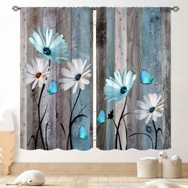 TKUYO Farmhouse Daisy Curtains, Rustic Wooden Flower Retro Teal White Floral Spring Butterfly Rural Country Style Window Curtains for Living Room Bedroom Kitchen Bathroom 2 Panels, 55"x63" Inch