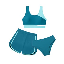 NECIOUS Girls Swimsuit Bikini Set, 3 Piece Girl Bathing Suits Color Block Cutout Swimwear with Shorts Size 7 Size 8 Green