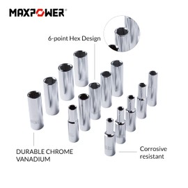 MAXPOWER 14PCS 3/8" Drive Deep Socket Set, Cold-Forged, Heat-Treated, Cr-V Alloy Steel, Full Polished, 6-Point, Includes Durable Carrying Case, Metric Size 6mm-19mm