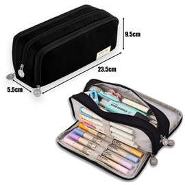 ONCCI Pencil Case with 3 Compartments Teenager Girls Pencil Case for School and Office, black, Pencil case