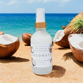 Coconut Room and Linen Spray Made In USA Clean Ingredients Essential Oils Long Lasting Scent AIr Freshener Glass Bottle Troptical Fruit Citrus