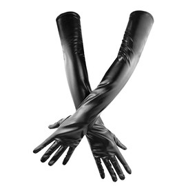 Lystaii Long Shiny Metallic Spandex Glove Elbow Length Opera Gloves 20s Party Cosplay Black