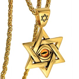 Rockyu Evil Eye Necklace for Men Silver Stainless Steel Star of David Pendant Inlaid Artificial Crystal Devil's Eye Chain 22 Inch Religious Jewish (Gold)