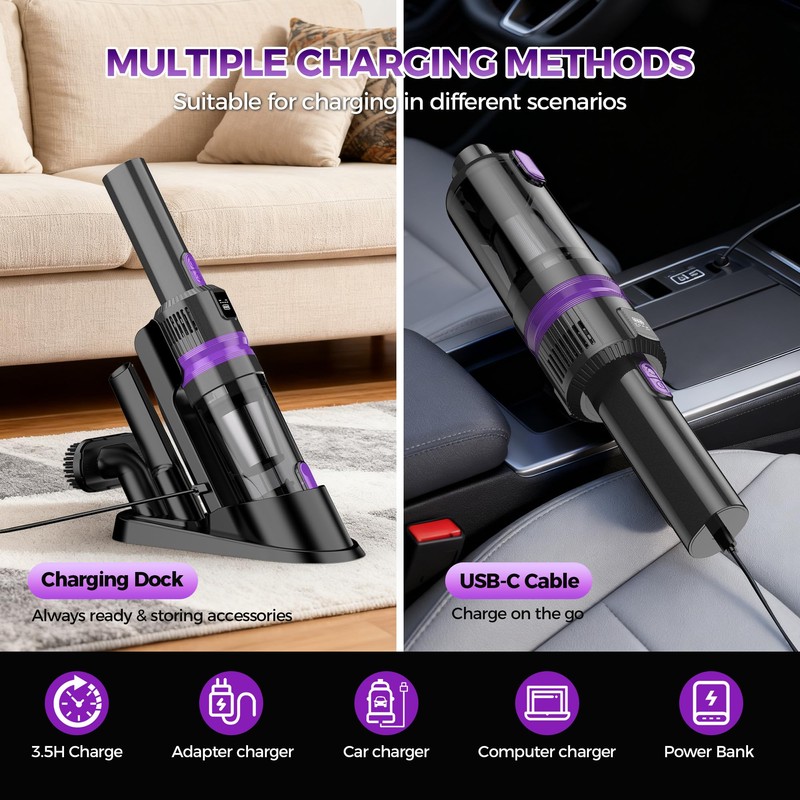 Handheld Vacuum Cordless Rechargeable 2-Speed Modes| 3-in-1 Portable Cordless Vacuum