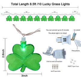 Pallerina Outdoor St. Patrick's Day String Lights, 8.5Ft St. Patrick Decoration Light with 10 Clover, Plug in Shamrocks Lights Indoor for Garden Bedroom Birthday, Green Clover Decor
