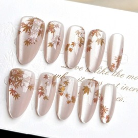24Pcs Fall Maple Leaf Press on Nails Medium Almond Nude Fake Nails With Glue Glossy Stick on Nails Full Cover Acrylic Nails for Women Autumn Thanksgiving Nail Art Supplies