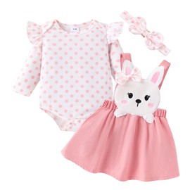 Aenbilo 18 Months Baby Girl Easter Outfit My 1st Easter Bunny Dress Ruffle Long Sleeve Romper Bunny Print Skirt Set Rabbit Suspender Skirt Pink Dress Headband 3pcs 12-18 Months