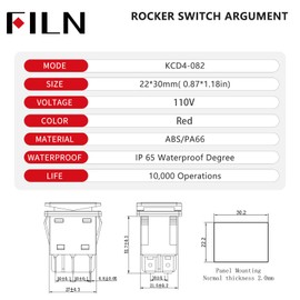 FILN KCD4 30A DPST Rocker Switch 4 Way Power Switch ON Off 2 Position Red LED Light Snap-in 110v Heavy Duty Marine Switches (2PCS Red Aluminum Alloy)