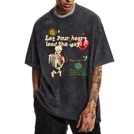 Weetiotio Mens Skeleton Graphic Tee Shirt Streetwear Vintage Acid Wash Shirts Inspirational Letter Print Tshirts Summer Top(Black,M)
