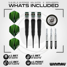 WINMAU Darts - Sniper Black 18g Barrel / 20g Full Weight Soft Tip- Professional 90% Tungsten Darts Set with Dart Flights and Dart Stems (Shafts)