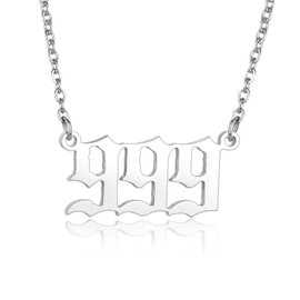 FSYAEGZA Angel Number Necklace Stainless Steel Old English Numerology Jewelry 111 222 333 444 555 666 777 888 999 Lucky Number Minimalist Pendant for Women (999, Silver)