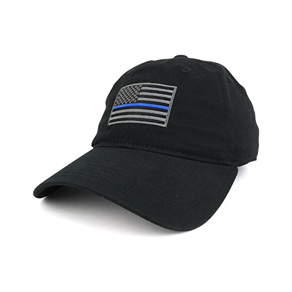 Thin Blue Line Embroidered USA Flag Soft Fit Washed Cotton Baseball Cap - Black