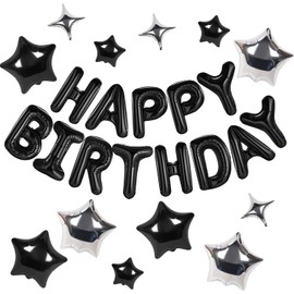 Lumjoy Happy Birthday Banner Set 13pcs 16 Inch Black Foil Letter Balloons with 12 Star Balloons for Kids & Adults Party Decorations
