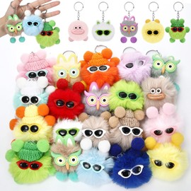 Equsion 48 Pcs Kawaii Keychains Bulk Cute Plush Keychains Fluffy Pompoms Balls with Tassels and Keyrings Key Chain Kawaii Party Favors for Birthday Goodie Bags Piñata Prizes(Playful)