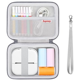 Supmay Hard Case for Memoking Mini Printer - Sticker Printer T02 Portable Thermal Printer Inkless Sticker Maker Machine, Storage Case with Mesh Pocket for T02 Thermal Paper Roll, USB Cable, Grey