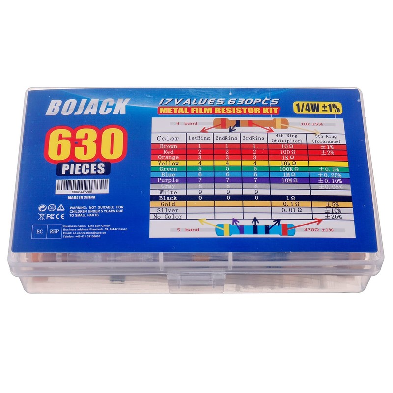 BOJACK 630 Pcs 17 Values Resistor Kit 0 Ohm-1M Ohm