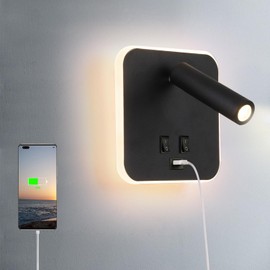 AIRTWESD USB Charging Port Wall Wash Light Black Bed LED with Interior Wall Adjustable Spotlight Reading lamp Wall lamp Bedroom Indoor Bedside Lamp 3000K (3W + 10W)