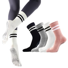 CIENCHENSOX Pilates Socks for Women, Non Slip Yoga Five Toe Grippy Socks for Hospital Barre Ballet Sticky Slipper Socks 4 Pairs Pink White Black