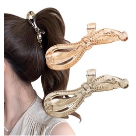 Herbeluemily HM-0102-R02-D Banana Clip, Secure, Hair Clip, Ribbon, Set of 2, D, Clear Champagne + Clear Brown